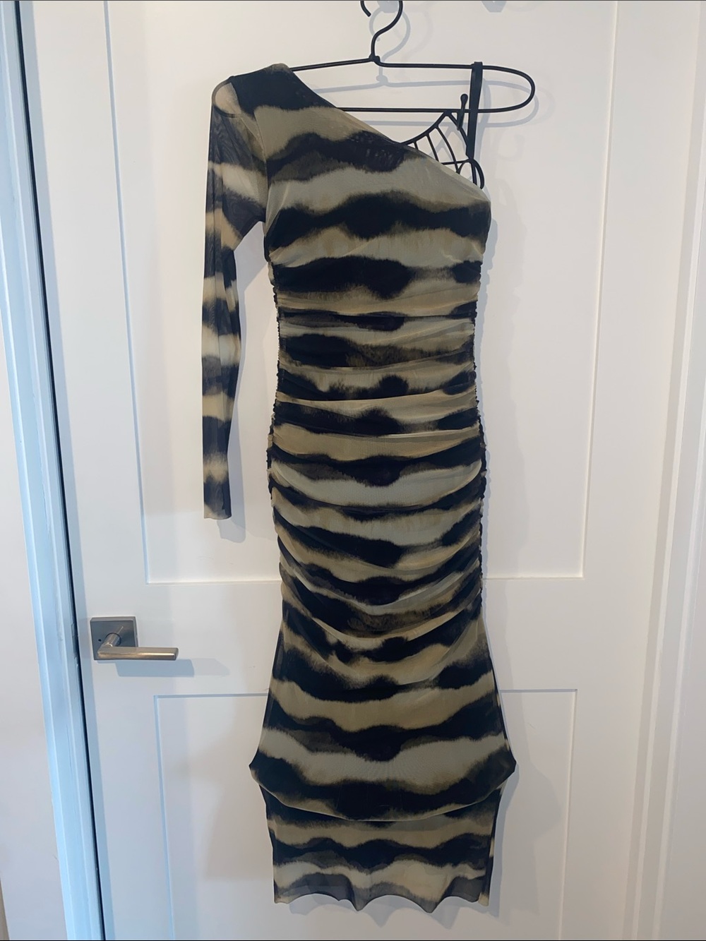Zara One-Shoulder Black and Olive Ruched Midi Dress-Small. Never worn.